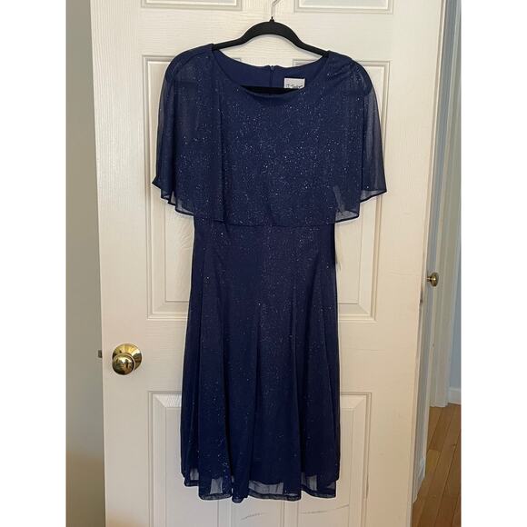 NWT J. Taylor Dress Size 12 Dark Blue Sparkle Formal Cape Evening Crew Neckline - Picture 1 of 13